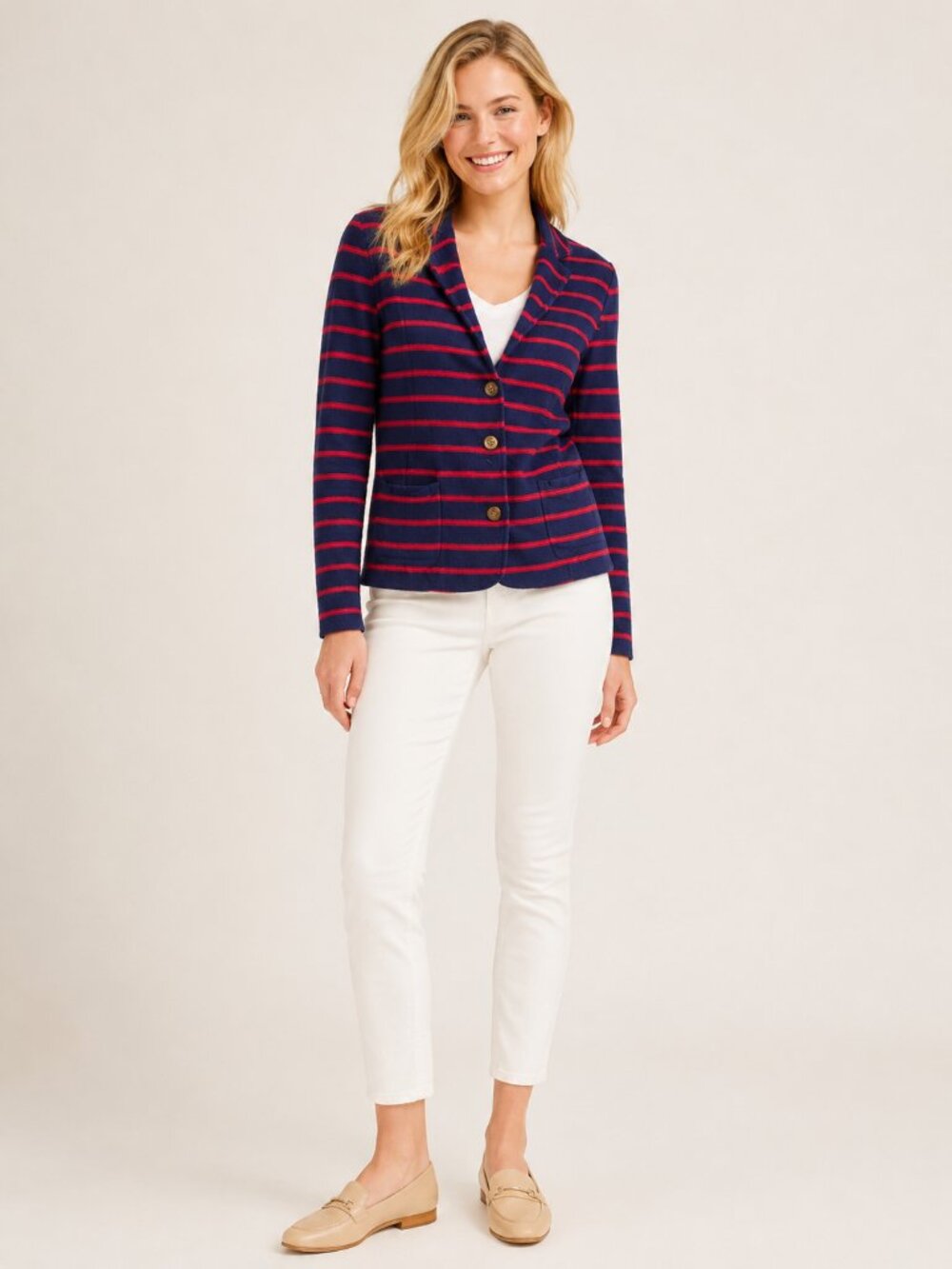 2/$30 TAHARI Striped Merino Wool Blend Collared Cardigan Navy Red Large #A4276